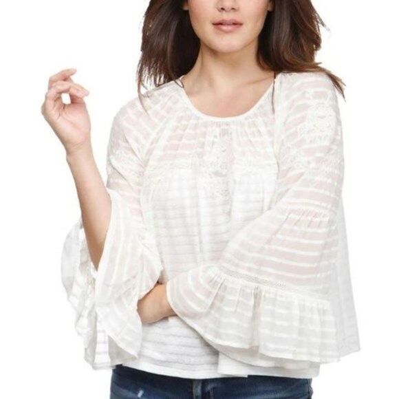 Lucky Brand Sheer Bell Sleeve Blouse · Medium · Brocade Floral Textured  · White - Picture 1 of 12